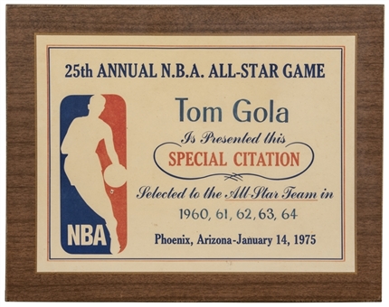 1975 Tom Gola NBA All-Star Game Special Citation (Gola LOA)